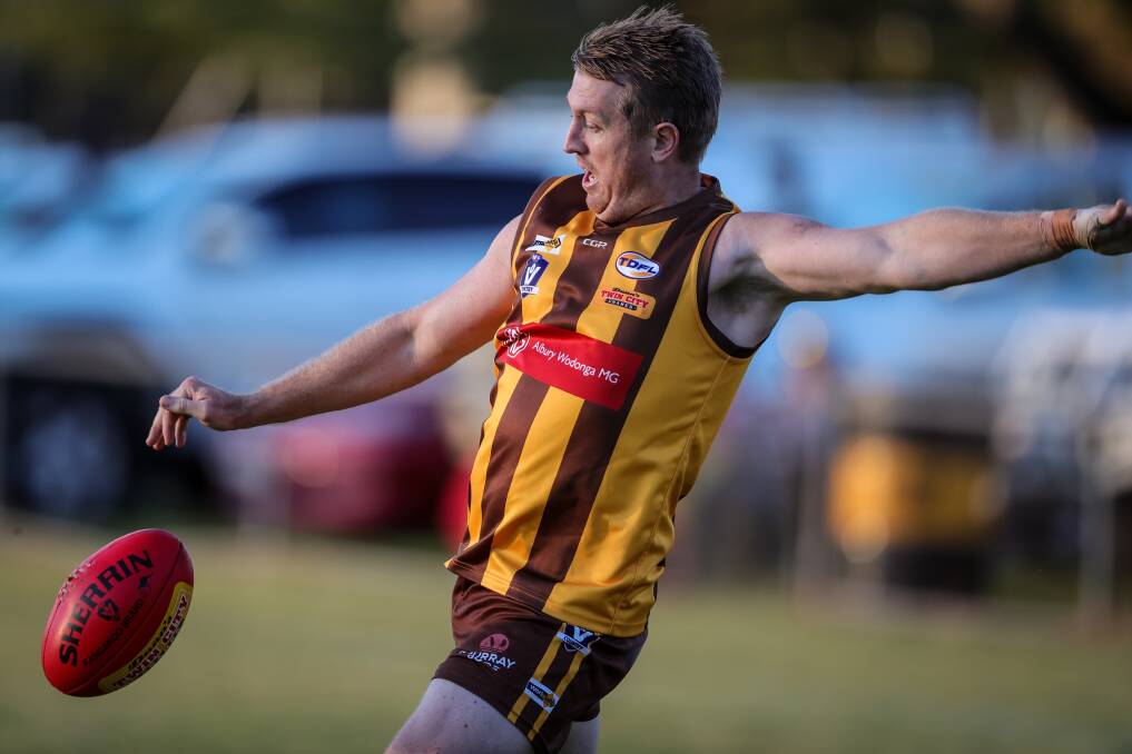 KICKING ON: Nick Beattie has chalked up 45 goals this year, boosted by 35 in his last three games for Kiewa-Sandy Creek. Picture: JAMES WILTSHIRE