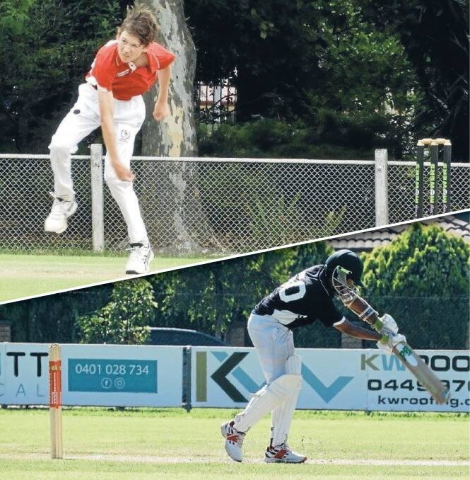 BIG EFFORT: Cody Odgers, in red, took four wickets for CAW Country U14s on Monday while CAW opener Dev Narayan Brijesh hit 24 on Sunday. Pictures: JACINTA CLARKE