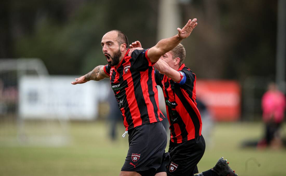 Stoycho Ivanov celebrates a goal for Wangaratta. Picture: JAMES WILTSHIRE