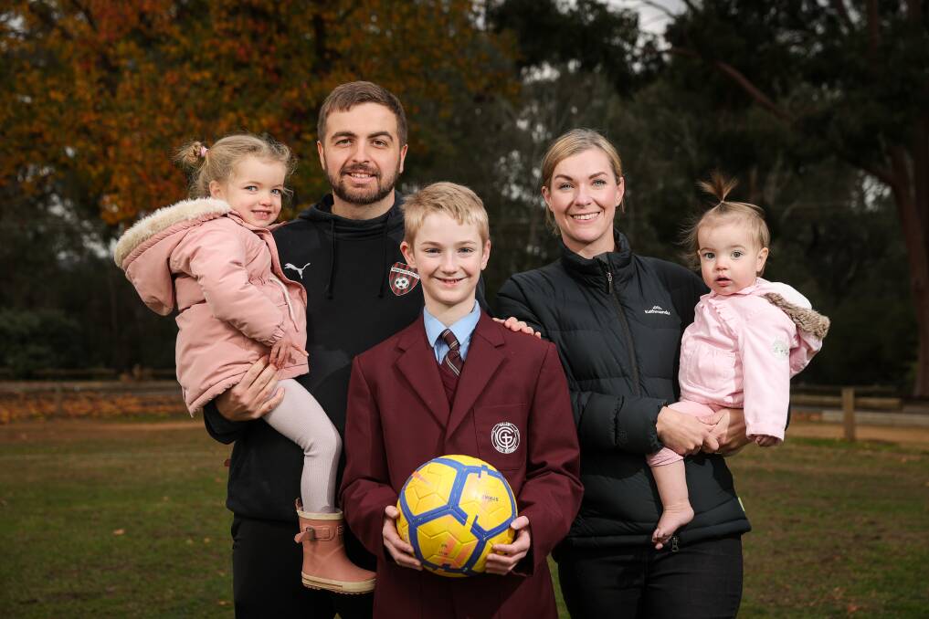 Dan Kelly and Sarah Morris with children Penelope Kelly, Mitchell Rowe and Matilda Kelly. Picture: JAMES WILTSHIRE