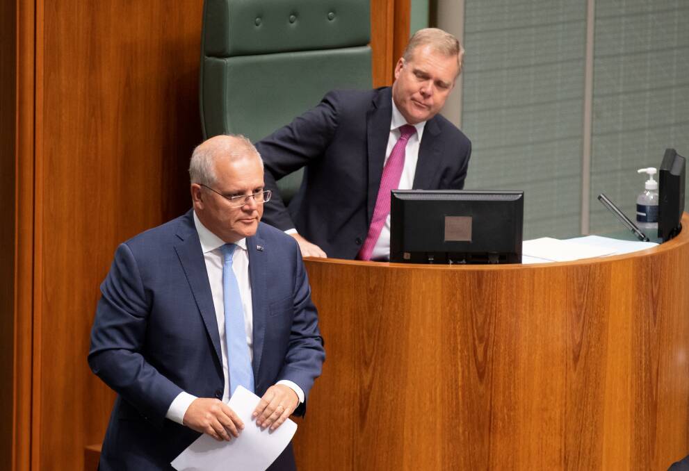 Prime Minister Scott Morrison and Speaker Tony Smith. Picture: Sitthixay Ditthavong