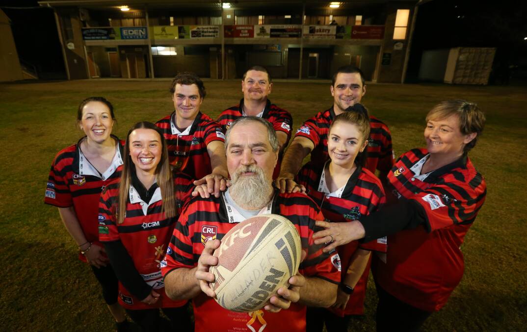 GAME ON: Kate Raymond, Cassie Martin, Joel, Matt, (front) Greg and Chris Mosbey, Stephanie Lunt and Debbie Mosbey raising the profile of Fragile X through an Albury Thunder rugby league charity day in 2018. 