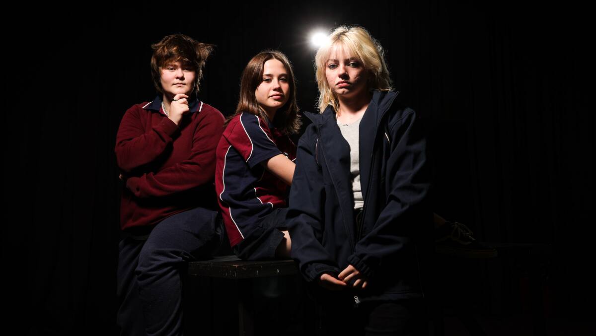 SHOW TIME: James Fallon High School performing arts students Toby Steele, Samira Kavanagh, and Sophie Geal, all aged 15, will compete in the finals of the Regional Shakespeare Carnival in Sydney. Picture: JAMES WILTSHIRE