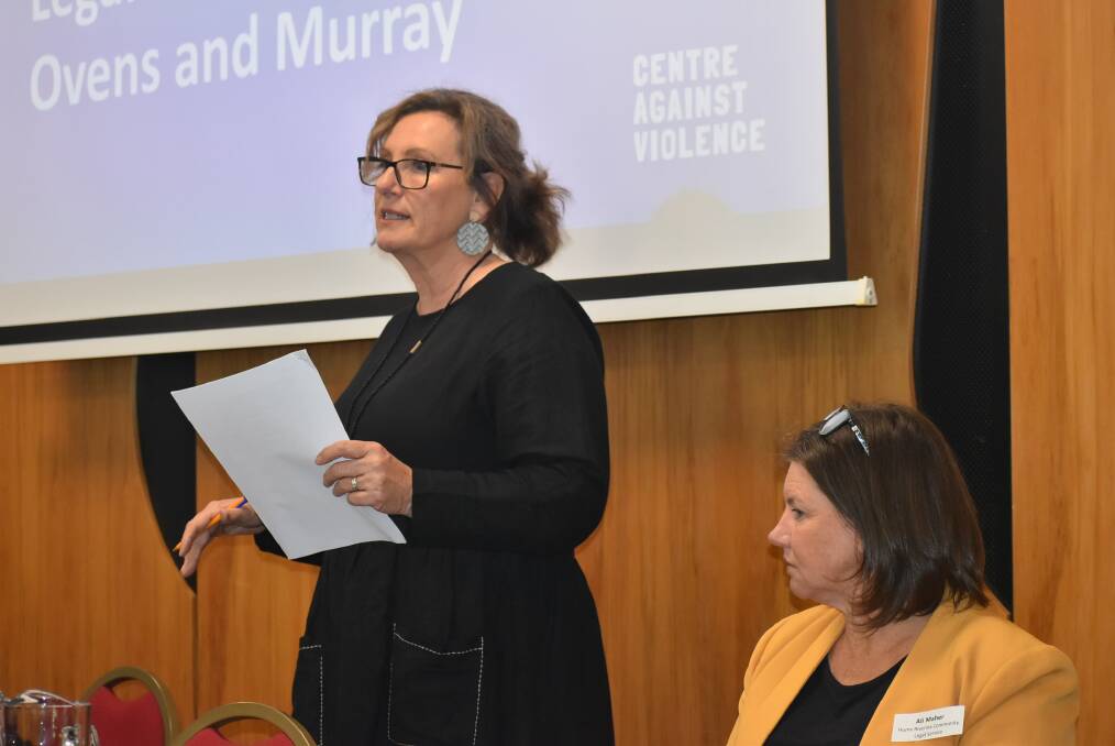Minister for Northern Victoria Tania Maxwell and Hume Riverina Community Legal Service acting principal Alison Maher at the domestic violence roundtable discussion in Wangaratta yesterday. Picture supplied
