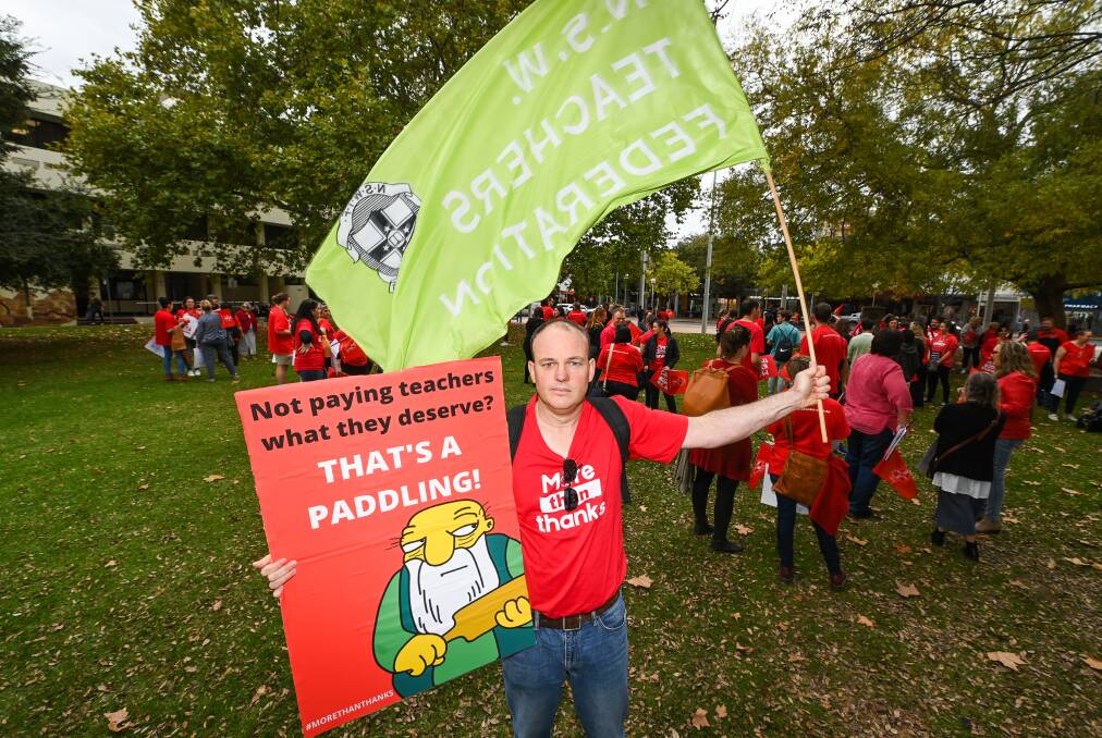 LOUD AND CLEAR: NSW Teachers Federation member at Howlong Public School John Curtin joined close to 350 of his colleagues in Thursday's action. Picture: MARK JESSER