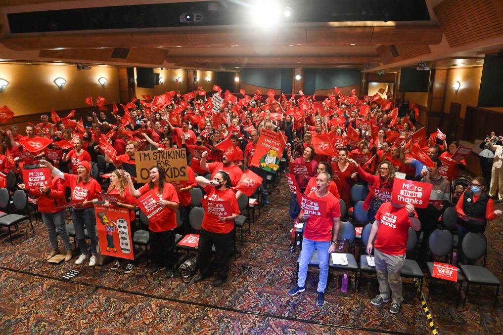 SOLIDARITY: Almost 350 Albury district teachers and principals joined the NSW teachers strike at Albury's Commercial Club on Tuesday to fight for better working conditions and pay. Picture: MARK JESSER