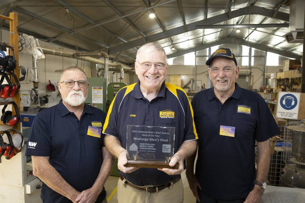 RECOGNISED: Wodonga Men's Shed won Shed of the Year. Vice-president Leigh Casey, assistant treasurer John Schmidt and secretary Mick McInerney. Picture: ASH SMITH