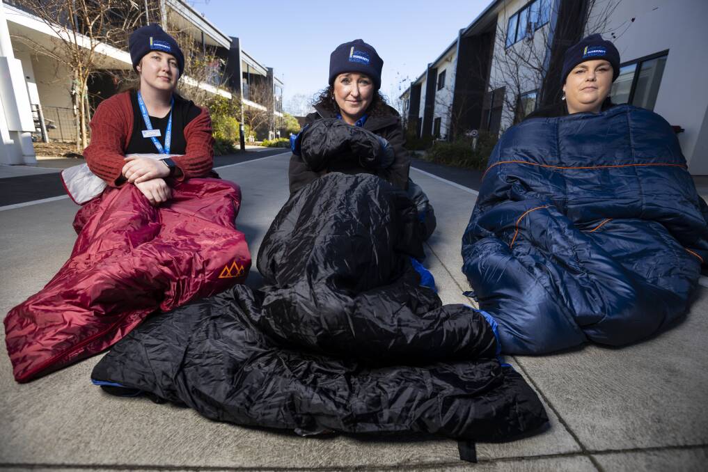 ONE NIGHT: Courtney Peel, Shantelle Lidden and Melanie Lange will brave the cold for one night to raise awareness for the people who do it every day. To register or donate, go to vinnies.org.au/communitysleepout. Picture: ASH SMITH