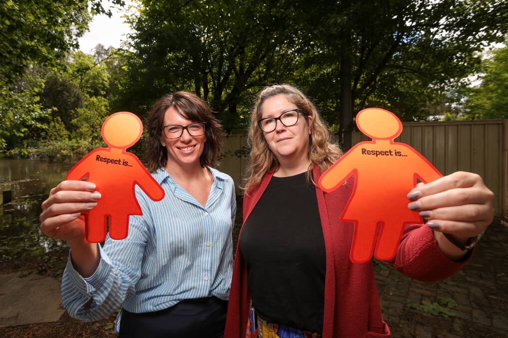 Centre Against Violence's Jaime Chubb and Gateway Health's Alana Pund say the goal of the campaign is to raise awareness of gender-based violence. Picture by James Wiltshire.