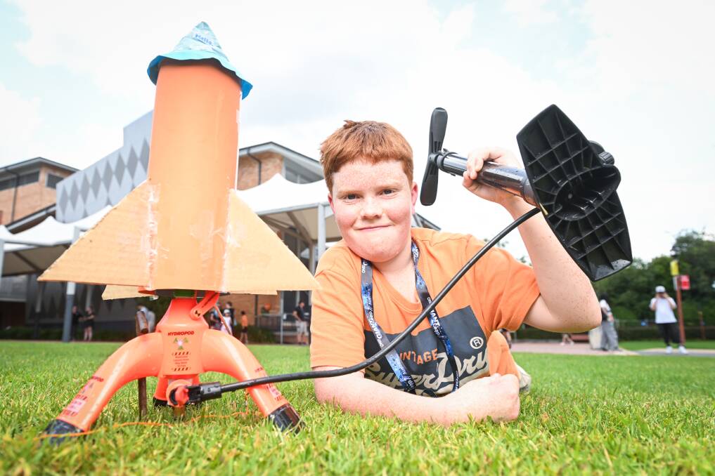 Euan Sidgwick, 11 of Table Top with his rocket that he made himself. Picture by Mark Jesser,