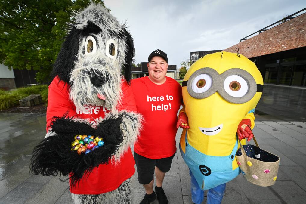 KCD the Dog, Todd Werner and Minion look forward to a special day in front of The Cube Wodonga on Good Friday. Picture by Mark Jesser