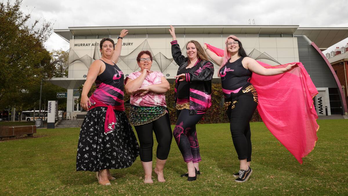 GLAM: Kat Crutcher, Jade Baker, Samantha Moore and Nikki Walsh-Rajnsz are a part of the shimmy mob raising money for Betty's Place. Picture: JAMES WILTSHIRE