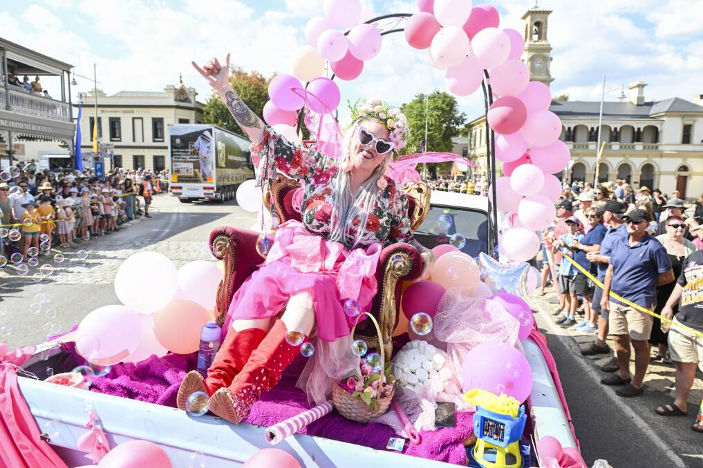 Tyne Deuis dressed in glitter and pink for her colourful float. Picture by Mark Jesser.