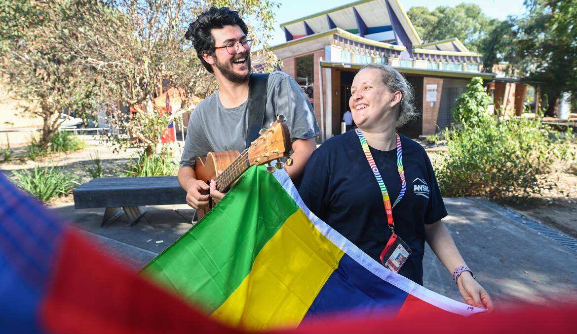 ALL WELCOME: Josh Lindsay and Georgia Lewis celebrate Harmony day at CSU's Albury campus yesterday. Picture: MARK JESSER