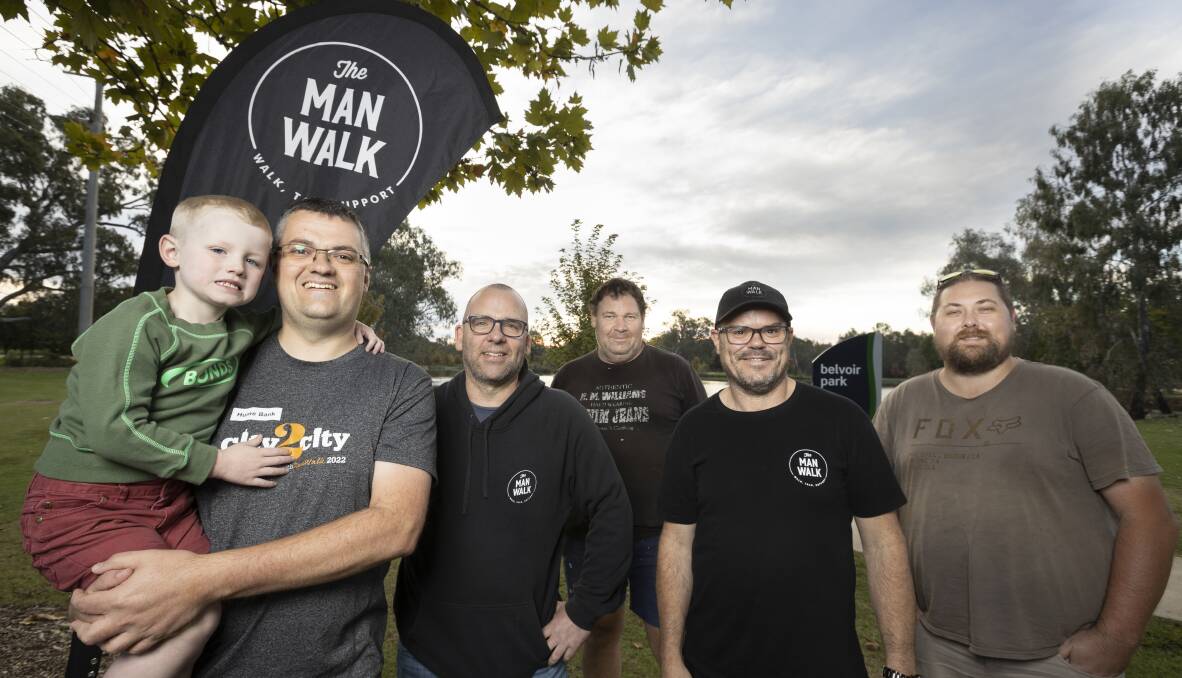 SAFE PLACE: No expectations, just rock up and walk and talk. (L-R) Mayor Kevin Poulton and son Leo, Jason Sunde, Andrew Morgan, Peter Barkley and Craig Forrest. PICTURES: ASH SMITH