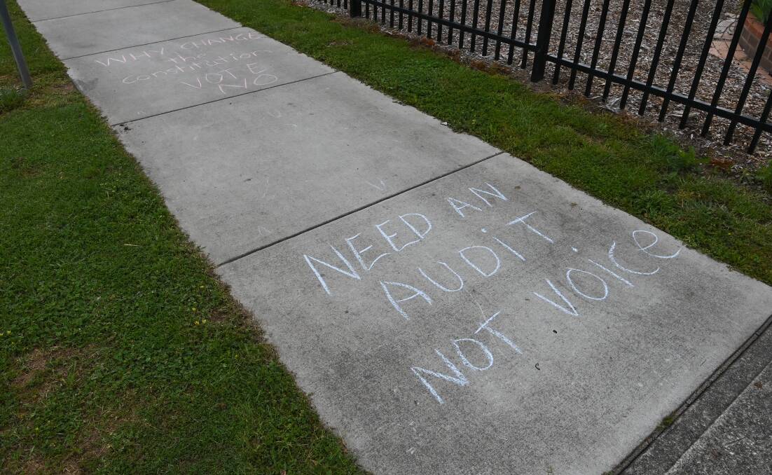  'Vote no' chalked messages were across the entrance at the school. Picture by Mark Jesser.
