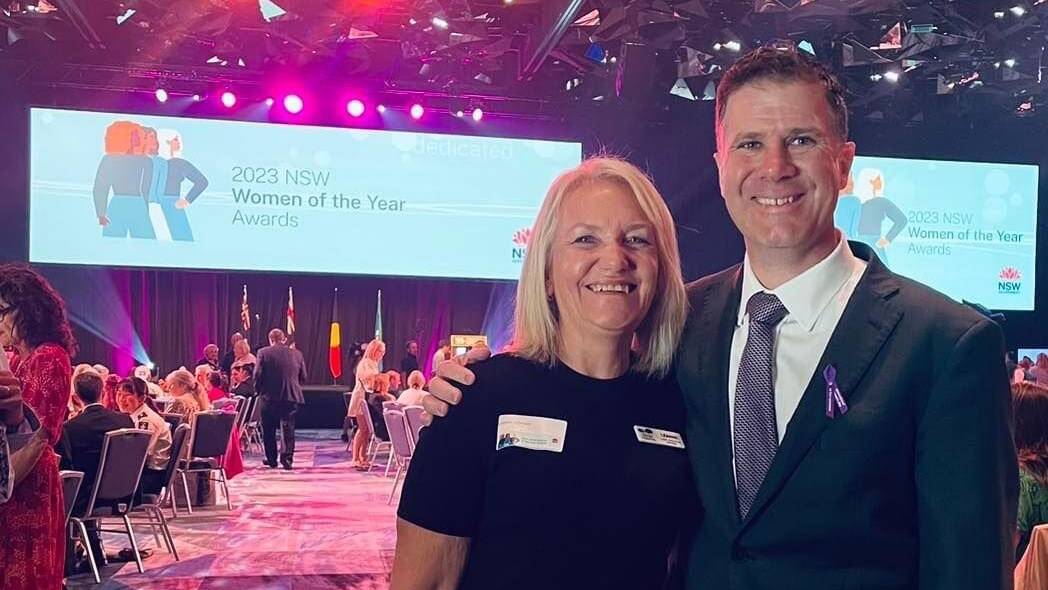 Leanne Johnson, Albury woman of the year 2023, with Albury MP Justin Clancy at the award ceremony in Sydney. "Leanne is absolute gold," Mr Clancy said. Picture supplied