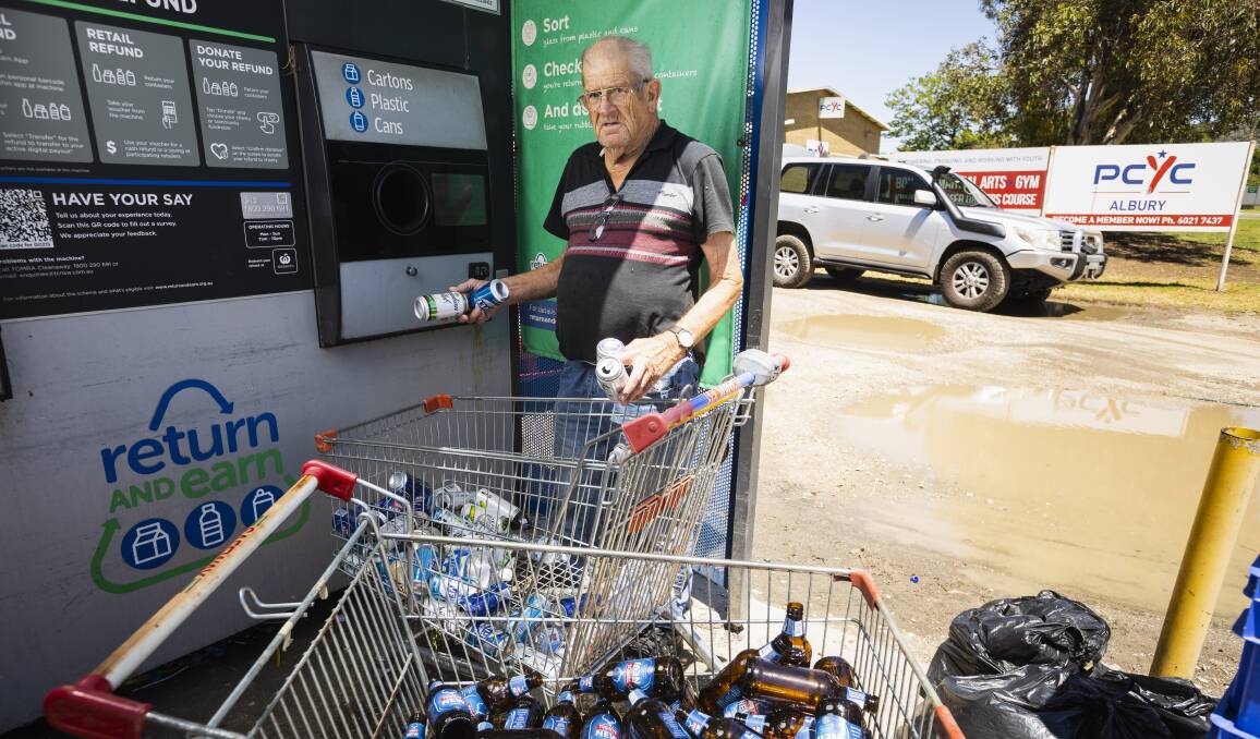 Bob Hayman and his wife, Rose, take a carload of empty bottles and cans from family and friends to the East Albury PCYC recycling hub every two months. Picture by Ash Smith