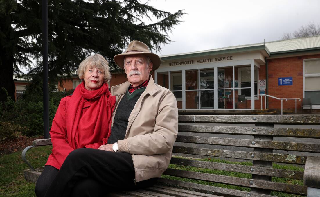 SCENE OF THE WAIT: Entertainer Mark "Lazy Harry" Stephens and his wife Wendy at their former hometown of Beechworth where Wendy had a heart scare last August. Picture: JAMES WILTSHIRE 