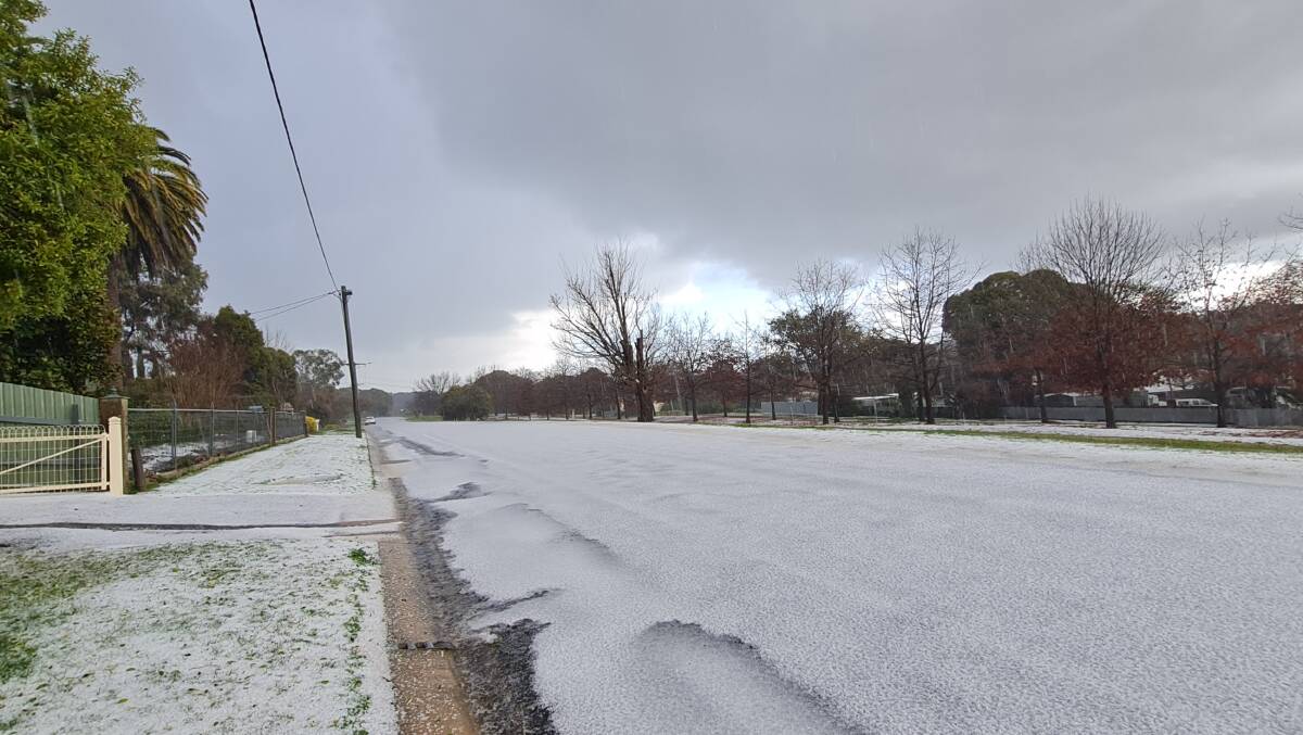 ROADS COVERED: Pea-sized hailstones covered parts of Beechworth on Saturday afternoon. Picture: JULIE MURRAY