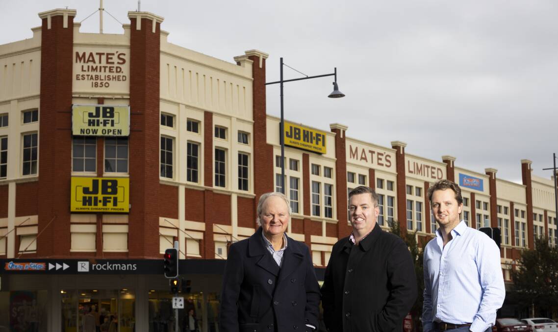 HISTORIC SALE: Agent Andrew Dixon, with property manager Bryce Livermore and leasing agent Oscar Dixon, said the sale of the Mate's building will be one of the biggest commercial property sales in Albury. Picture: ASH SMITH