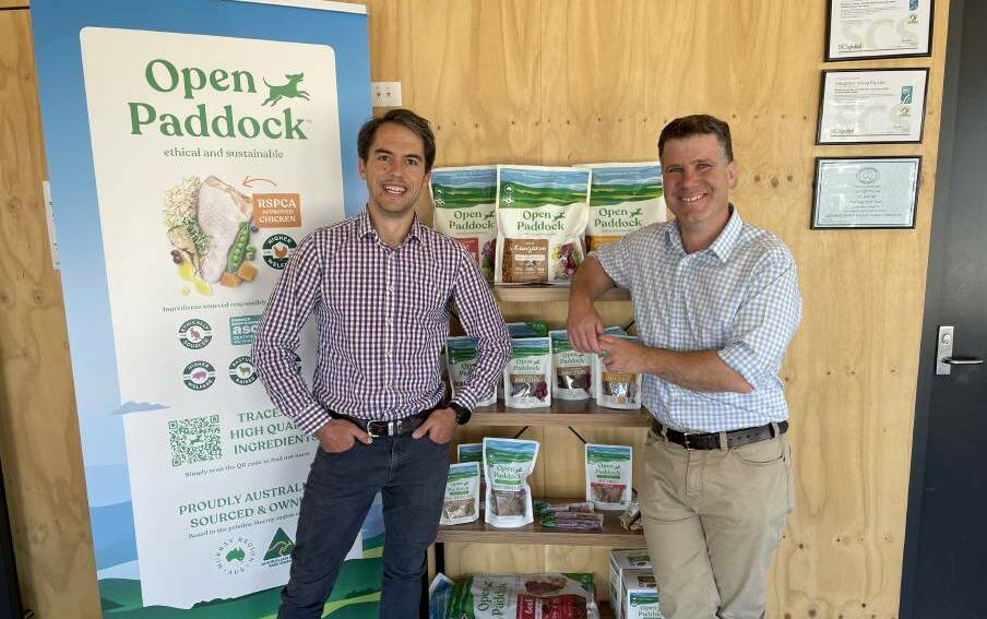 Staughton Group managing director Edward Staughton and Albury MP Justin Clancy after a grant announcement for the Howlong pet food company in December, 2021 File picture