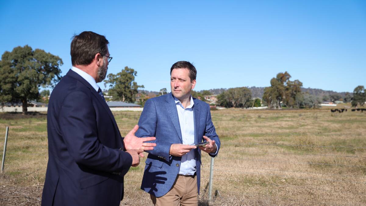 'THOUGHT BUBBLE': Benambra MP Bill Tilley and Victorian opposition leader Matthew Guy at a site that is a "possible option" for a new hospital to be built. Picture: JAMES WILTSHIRE
