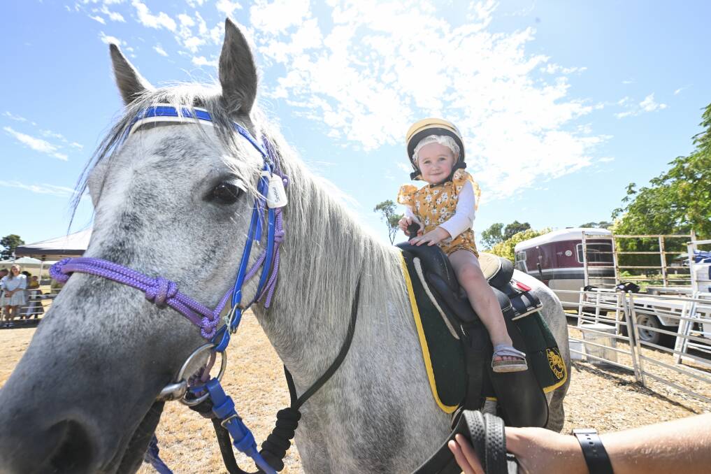 Wodonga two-year-old Averley Steel experiences her first horse ride at the return of the Wodonga Show after four years on Saturday, March 16. Picture by Mark Jesser