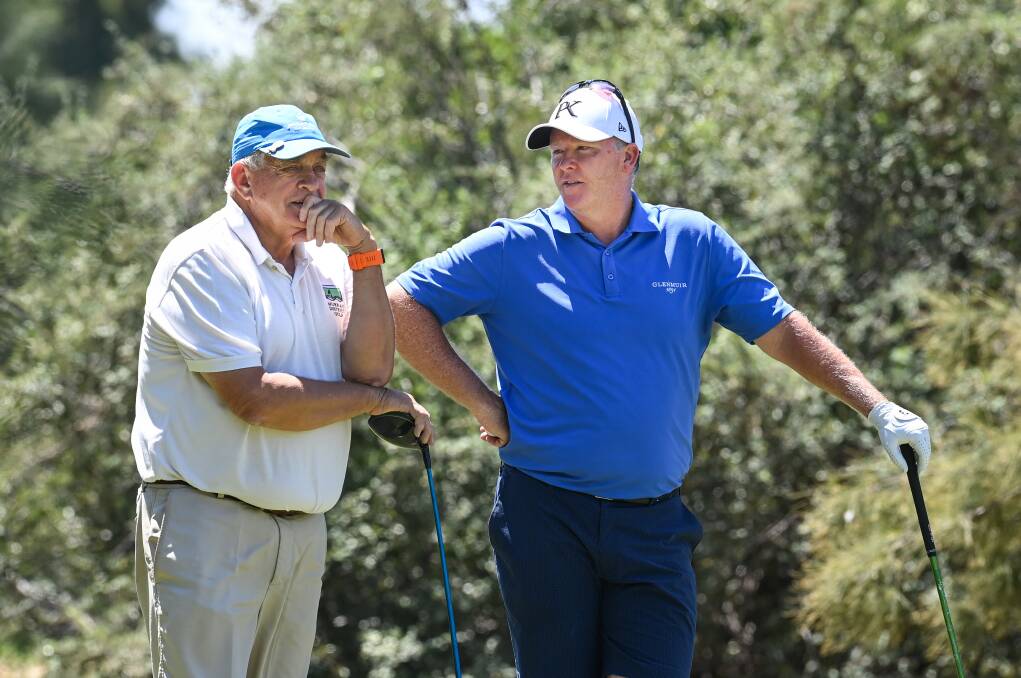 Howlong Golf Resort president Henk van de Ven with Marcus Fraser at the Corowa Golf Club pro-am in February, 2021. Picture by Mark Jesser