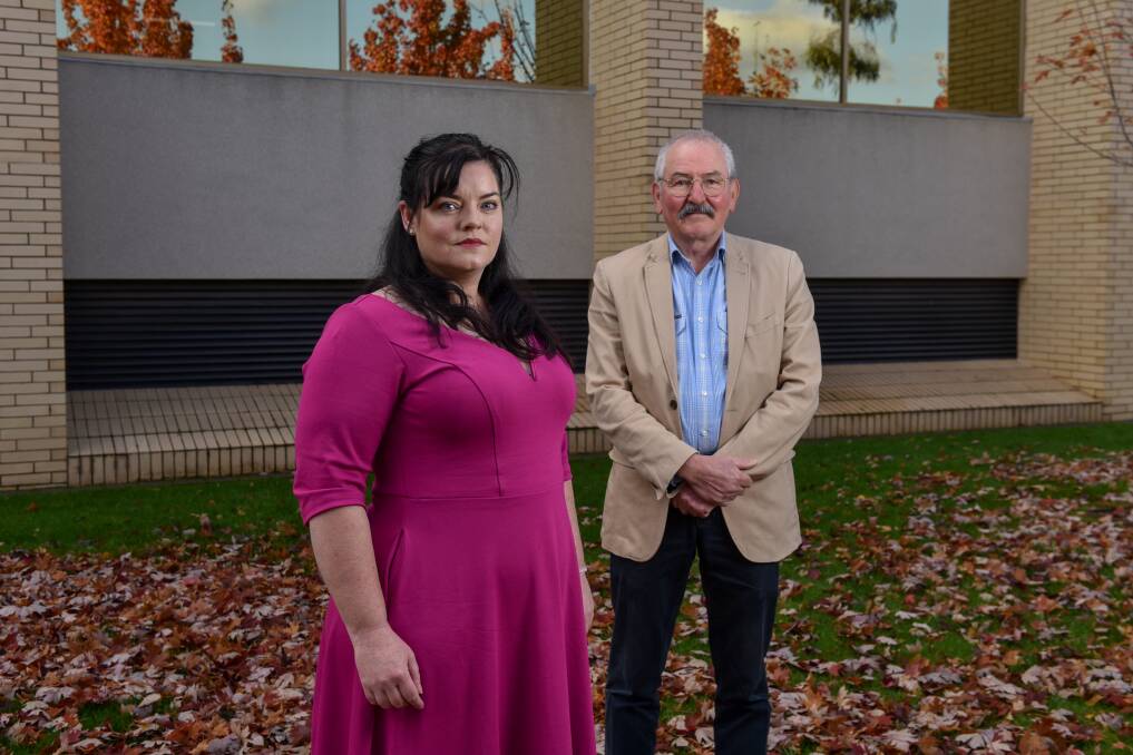 One Nation MP Rikkie-Lee Tyrrell and Wodonga mayor Ron Mildren meet on Tuesday outside Wodonga's council building as part of their bid to meet with Victorian Health Minister Mary-Anne Thomas. Picture by Tara Trewhella