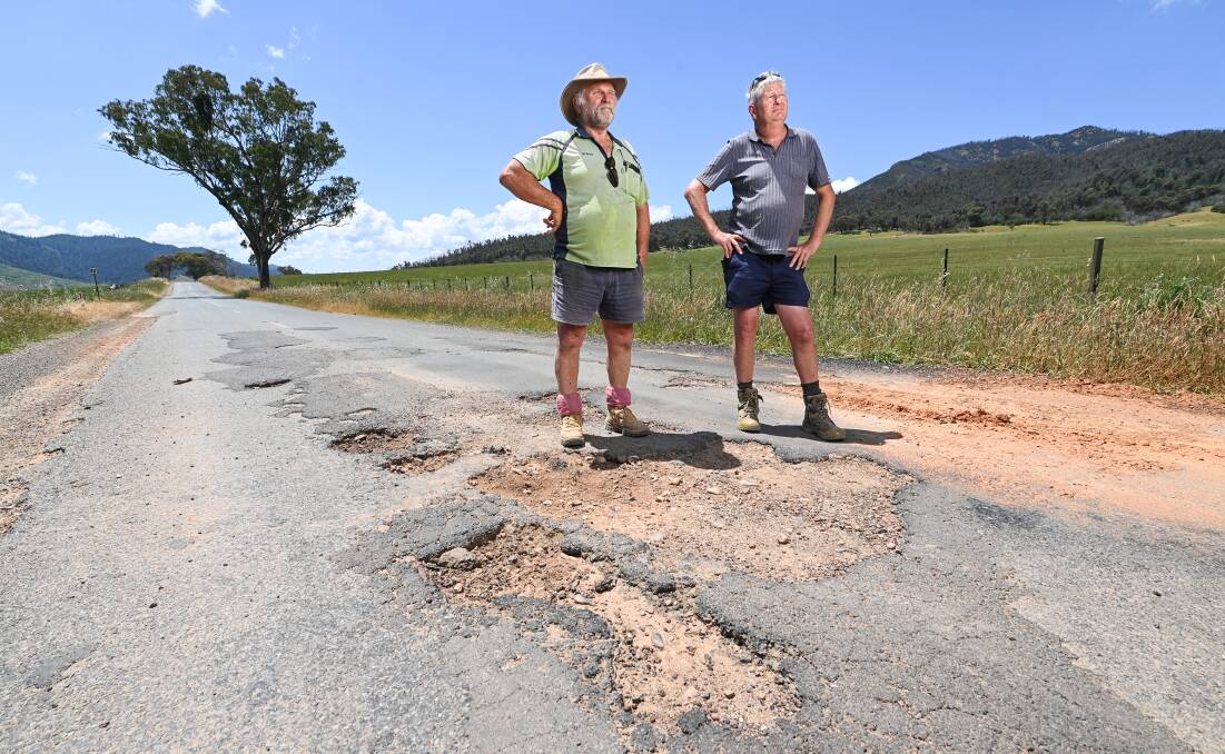 Walwa locals Chris "Woody" Wood and Robert "Crundle" Newnham said this damage on Shelley Road "had been there for months". Picture by Mark Jesser
