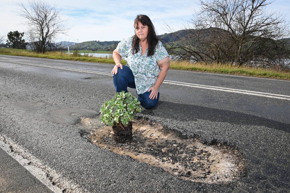 Tallangatta resident Lea Russell at the Murray Valley Highway at Huon says she knows planting pot plants in potholes is ridiculous, but "not as crazy as the roads people risk their lives driving on every day". Picture by Mark Jesser