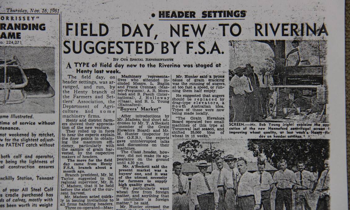 A newspaper clipping from November 16, 1961, heralded the first Henty field day. 
