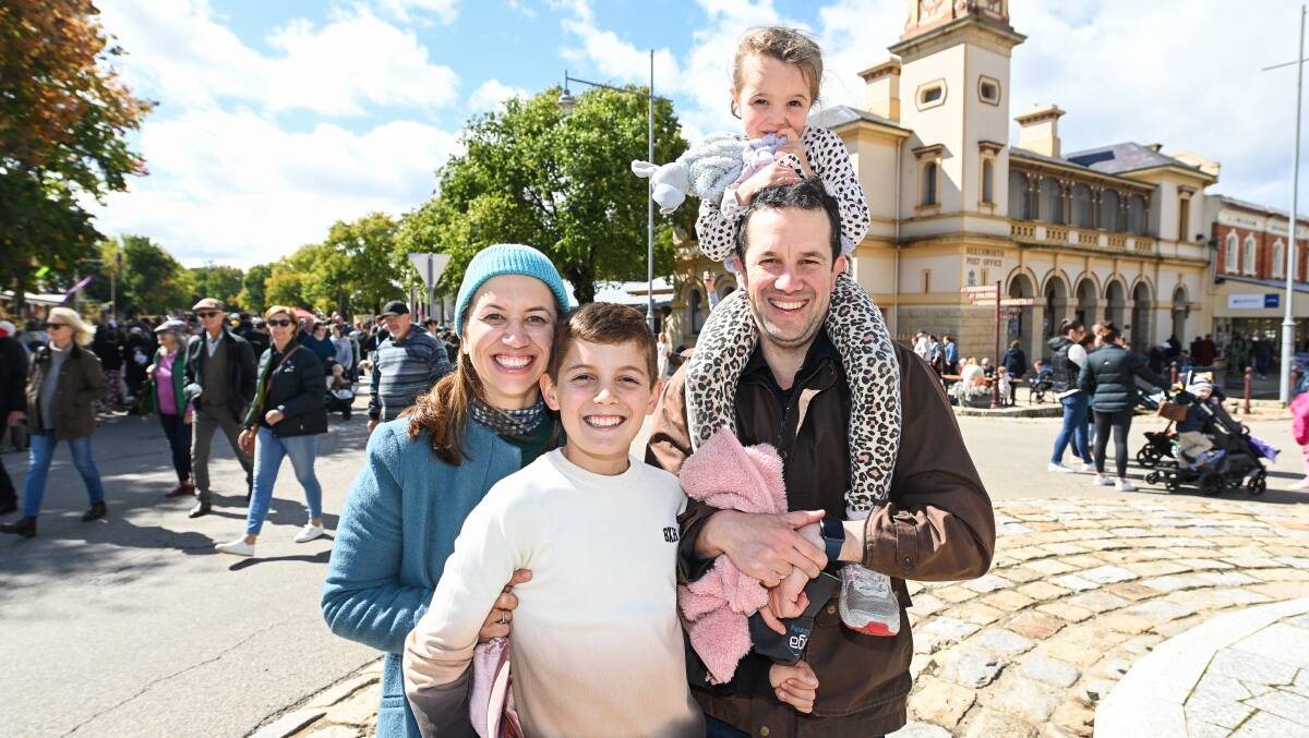 Emily Leinster and son Angus Leinster, 12, from Brisbane and her brother James Rutledge with Anne, 5 from Sydney were part of a family reunion gathered at Beechworth. Picture by Mark Jesser