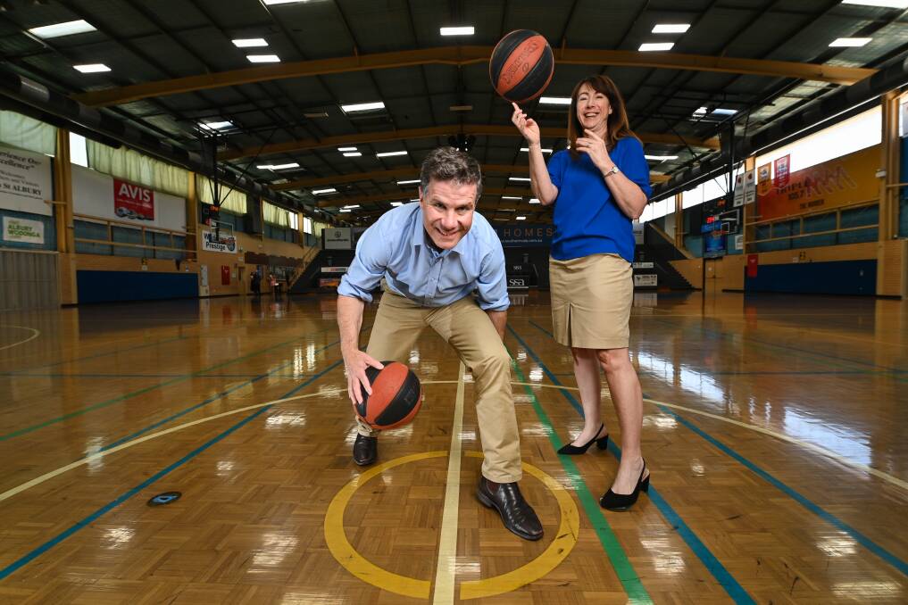 Albury MP Justin Clancy and city mayor Kylie King say funding pf the Lauren Jackson Sports Centre will attract more top-level tournaments. Picture by Mark Jesser 