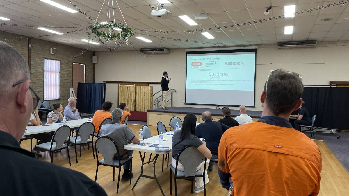 Neoens construction manager addresses about 60 people at the information session at the Culcairn Bowling Club on Thursday. Picture by Ted Howes