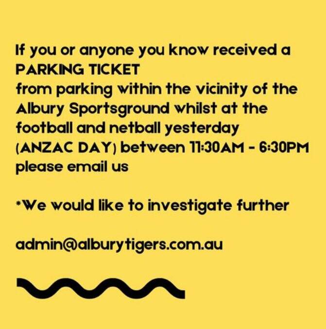 The post on the Albury Tigers Club Facebook page. 