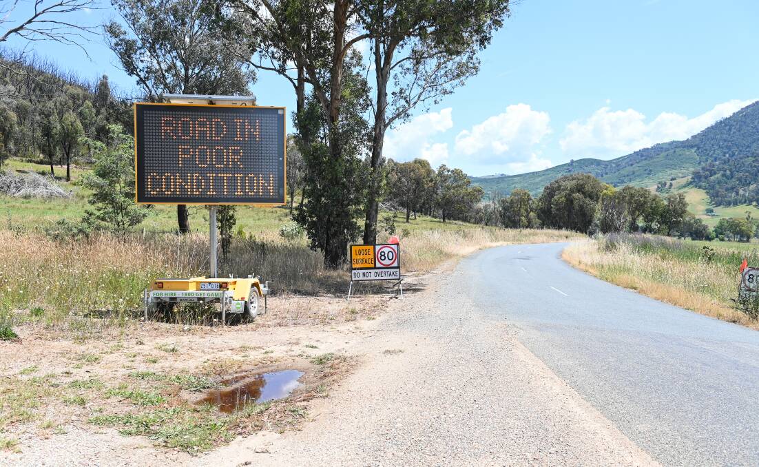 A sign on Shelley Road, heading south from Walwa, warns motorists of the danger. Another section of the road, further south, is marked 40kmh for a 12km stretch. 