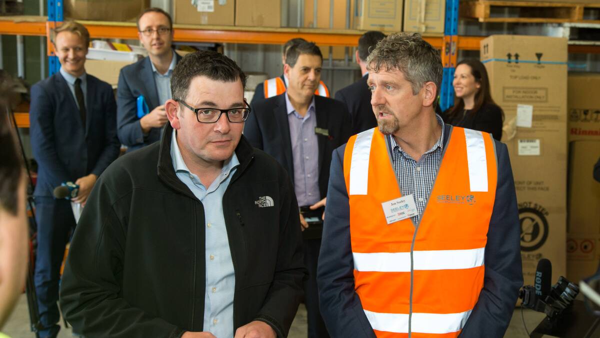 Victorian Premier Daniel Andrews and Seeley International managing director Jon Seeley at the announcement of a $20 million Wodonga factory in 2017. Picture by Simon Bayliss