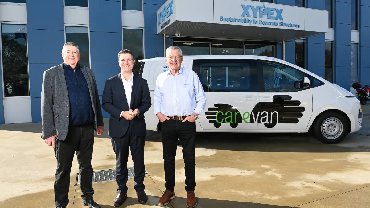 MOBILE SAVIOUR: Carevan founder John Brabant, Albury MP Justin Clancy and Xypex Australia managing director Rob Godson with the new van. Picture: MARK JESSER
