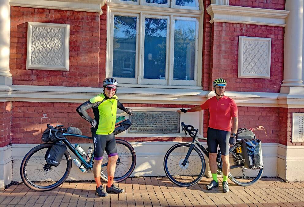 James Brodie and Mike Frey start their long journey to follow the path of explorers Hamilton Hume and William Hovell 200 years ago at MAMA, Albury's former town hall. Picture by Greg Ryan