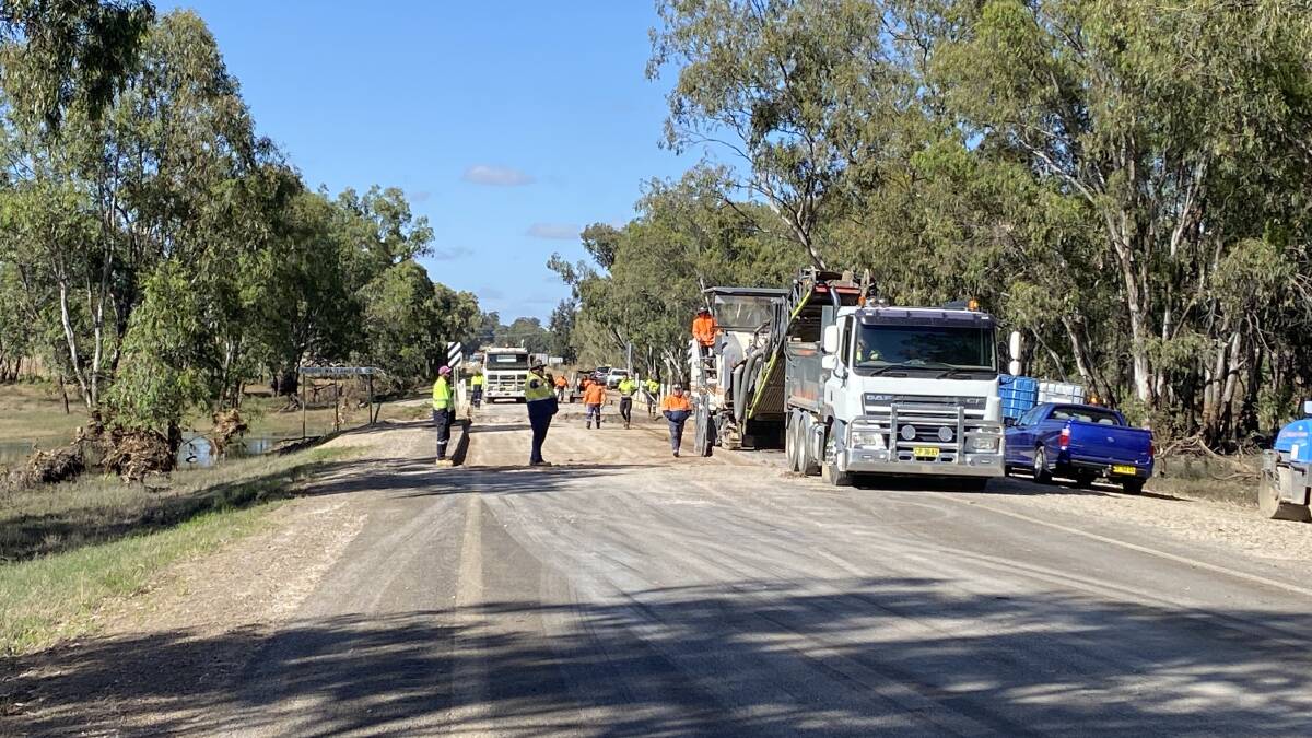 Transport for NSW crews work to fix the flood-damaged Newell Highway between Forbes and West Wyalong. Picture supplied