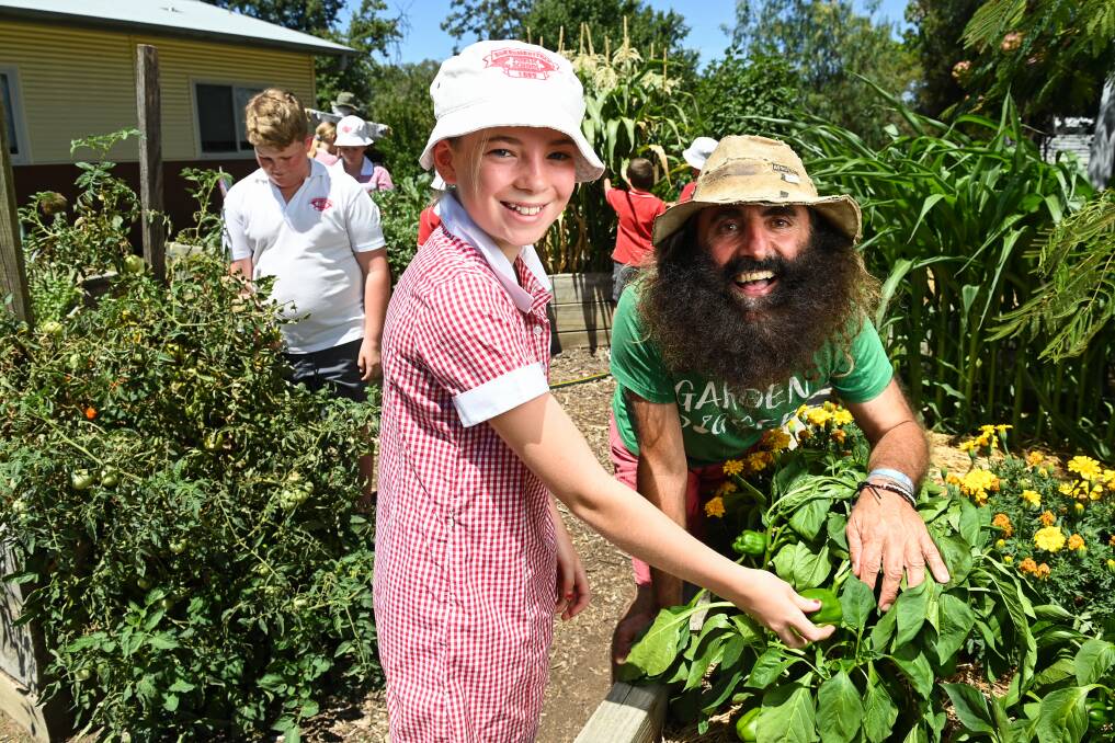 Isabella Sherman, 12, takes Gardening Australia host Costa Georgiadis for a tour of the Burrumbuttock Primary School edible kitchen garden. Picture by Mark Jesser.