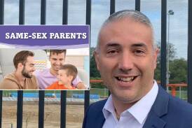 Cumberland councillor Steve Christou with the cover of Same-sex Parents by Holly Duhig, a book banned under a move by the council. Picture Cumberland City Council Facebook/Amazon
