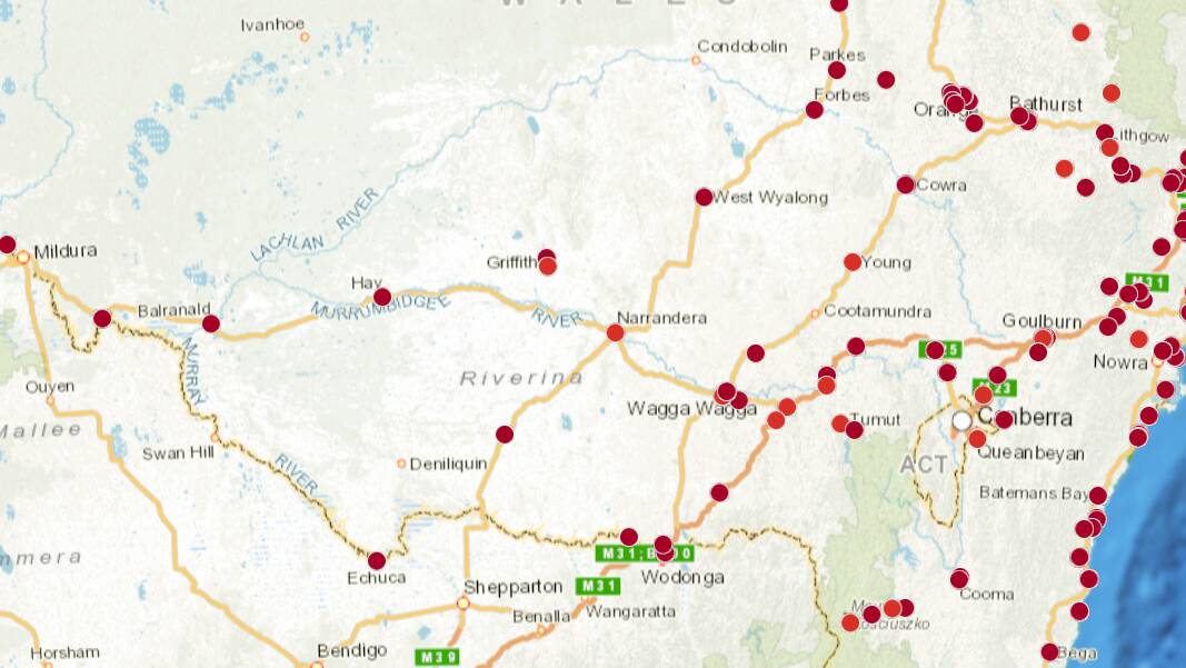 EV charger locations in the Riverina. Supplied by Transport for NSW