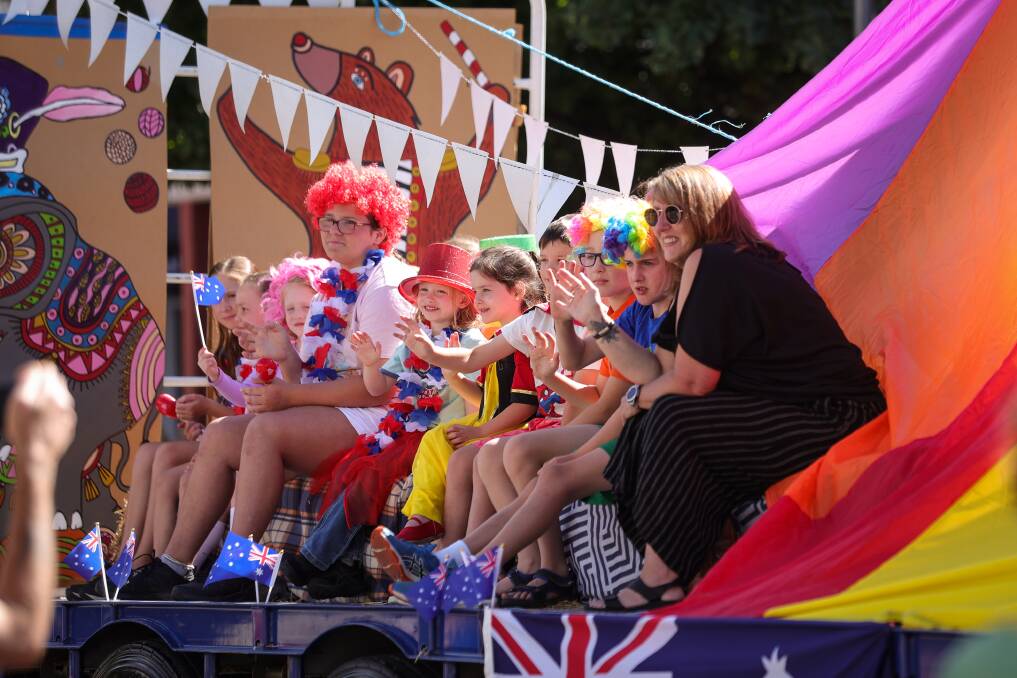 Students from Corowa Public School on their circus-themed float. Picture by James Wiltshire
