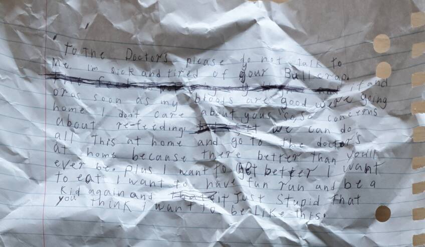 A letter written by Jai Coomber while he was in Melbourne's Royal Children's Hospital. 
