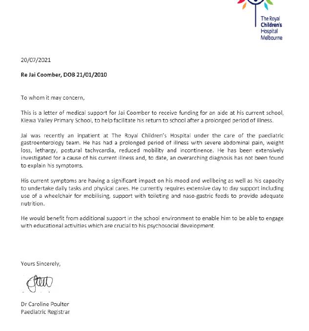 Letters written by Dr Caroline Poulter and Dr Emily Littlejohn of the Royal Children's Hospital in support of Jai Coomber's NDIA application. 