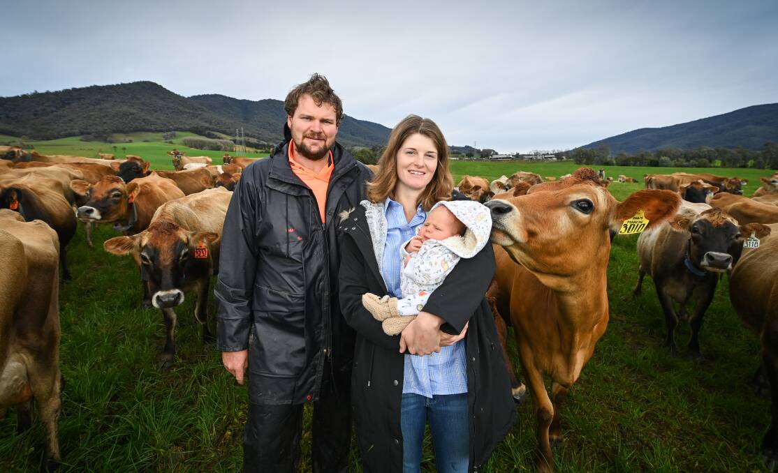Darren Sagrera with his partner Teresa Hicks and their daughter Chelsea, 2, on the dairy farm in Dederang. Picture by Mark Jesser