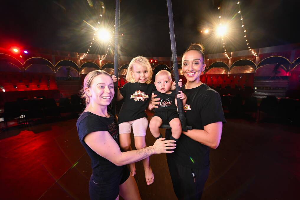 For the Ashton family, circus life is in the blood - Dante Ashton with her daughter Bindi Ashton, 2, with Matais Rodriguez-Amarel, 4 months, and his mum Chantel Rodriguez. Picture by Mark Jesser